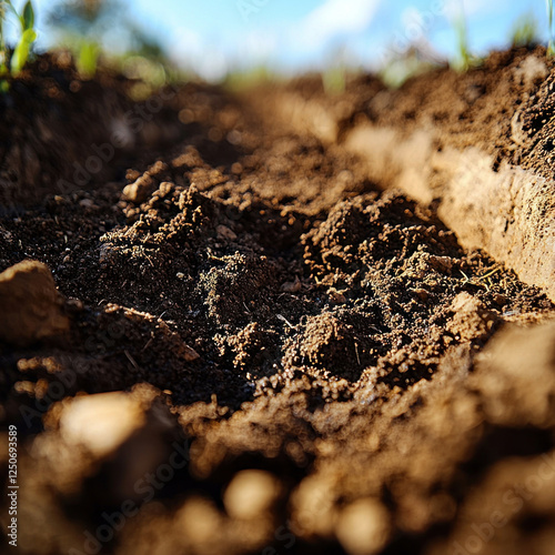 Close-up fertile soil furrow in field, seedlings background, agriculture, planting
