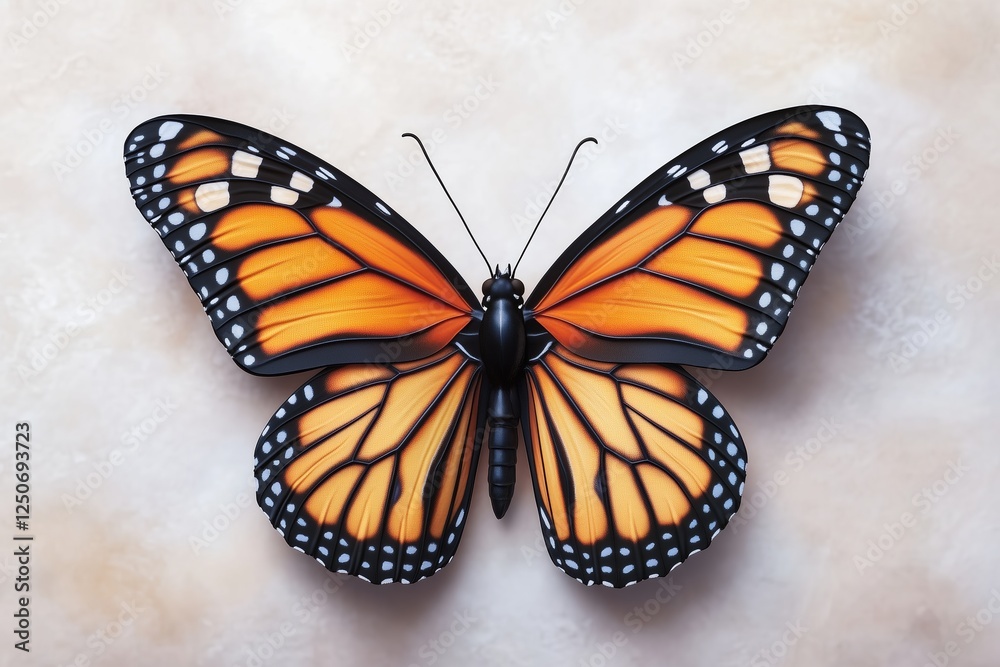 Fototapeta premium Vivid orange monarch butterfly with detailed patterns on its wings, isolated on a light beige background. Beauty and transformation.