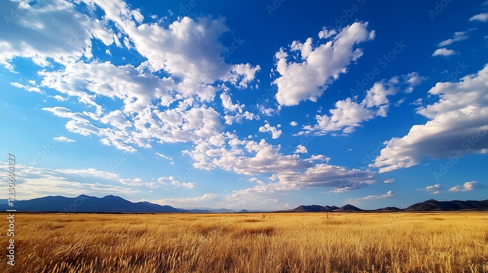 Captivating panoramic view of golden fields under a vibrant blue sky adorned with fluffy clouds : Generative AI