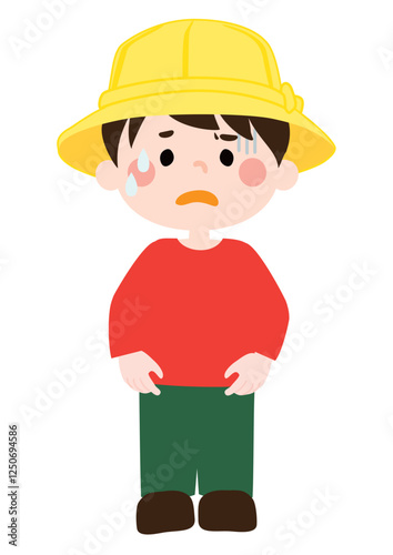 怯えて不安そうな黄色い帽子の男の子のベクターイラスト