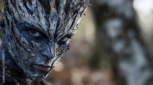 Person with an artistic face paint blending into a tree trunk showcasing nature and mythical elements : Generative AI photo