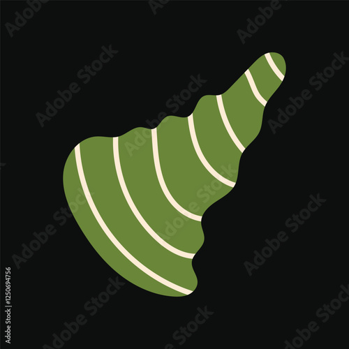 Striking lime green cone-shaped seashell featuring white stripes flat vector illustration