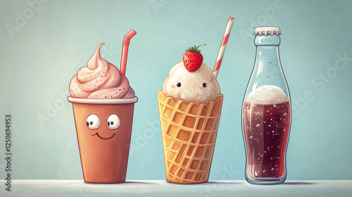 Cartoon funny takeaway paper cup with drinking straw and glass bottle of soda drinks and strawberry ice cream in waffle cone characters photo