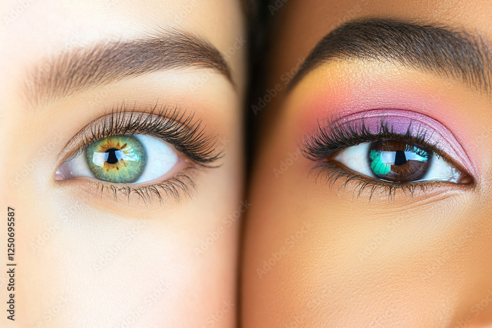 Fototapeta premium Close-up view of two different eyes highlighting unique colors and makeup styles