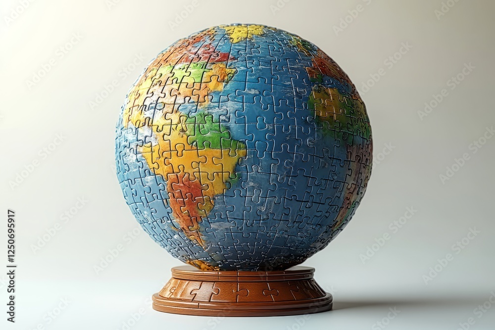 Puzzle globe crafted from colorful pieces displayed on a wooden stand Puzzle globe crafted from colorful pieces displayed on a wooden stand