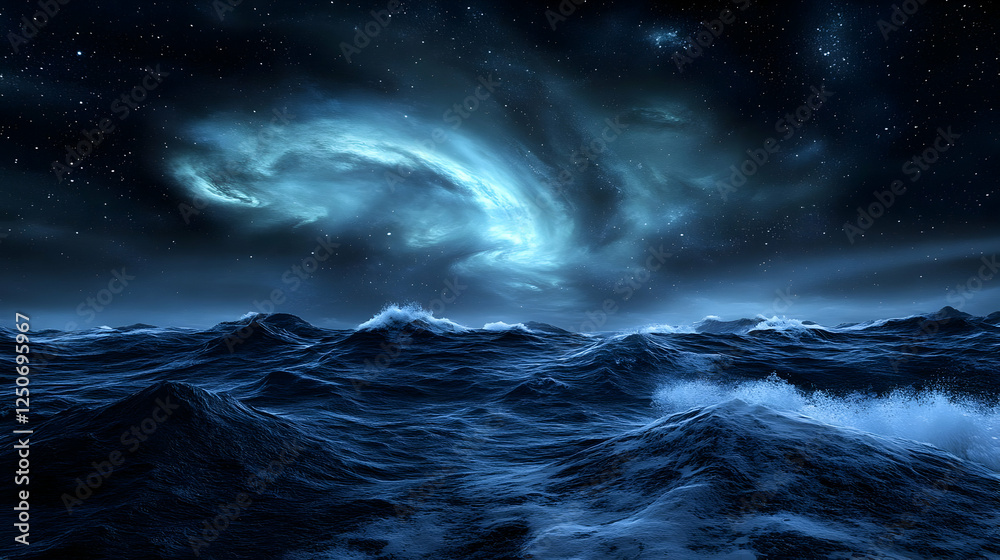Fototapeta premium Night ocean waves, nebula sky, storm, fantasy, artwork