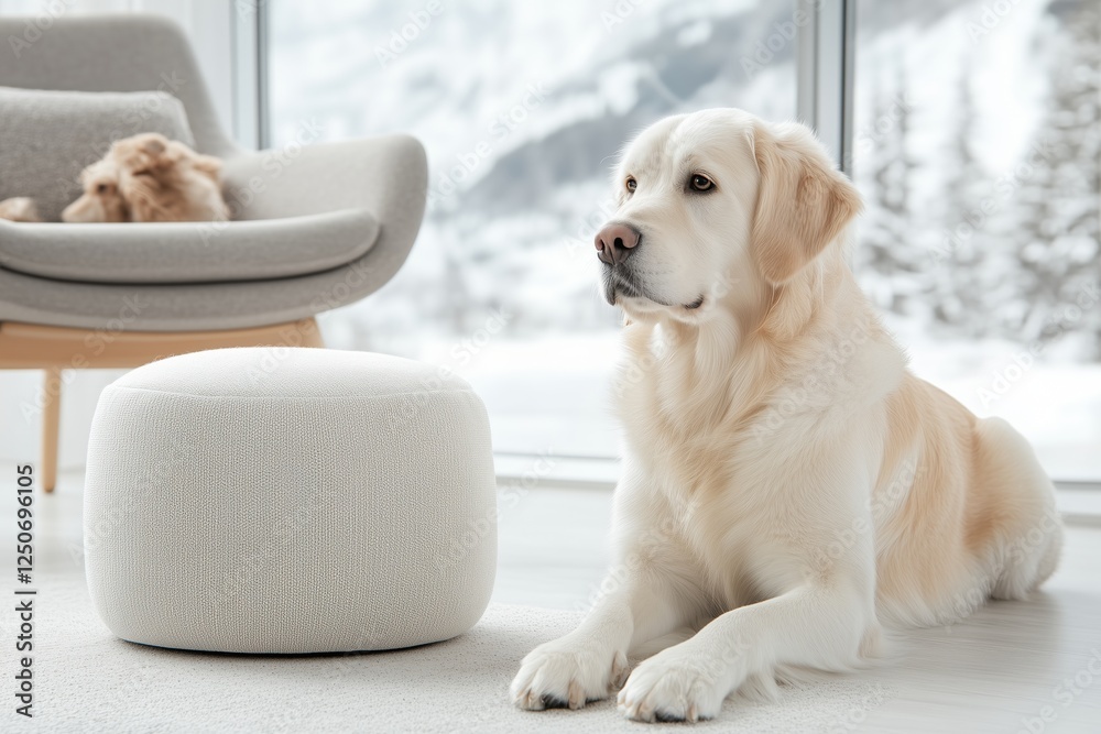 Golden retriever lying in a modern minimalist living room with a snowy mountain view through large windows. Cozy and serene indoor environment. Golden retriever lying in a modern minimalist living room with a snowy mountain view through large windows. Cozy and serene indoor environment.