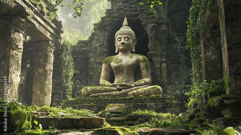 Serene Buddha Statue Surrounded by Ancient Jungle Ruins and Foliage