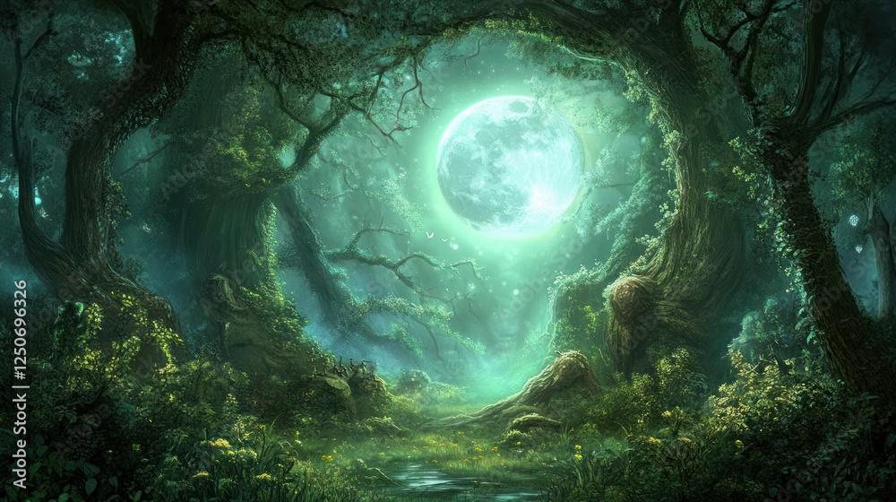 Enchanted forest under a glowing moon with lush greenery Enchanted forest under a glowing moon with lush greenery