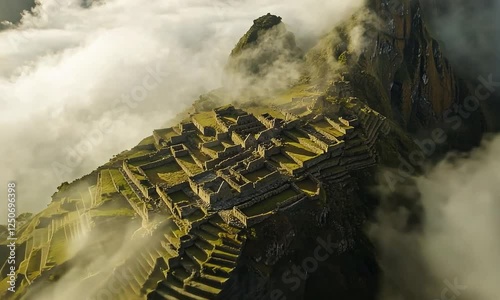 Aerial View of the Ancient Ruins of Machu Picchu with Clouds