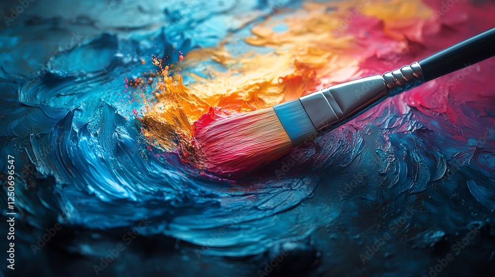 Fototapeta premium A kaleidoscope of vibrant colors pouring from a paintbrush, creating a dreamlike, fantastical scene