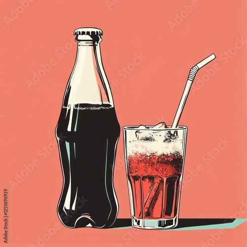 Soda Bottle and Glass with Ice, Retro Still Life photo