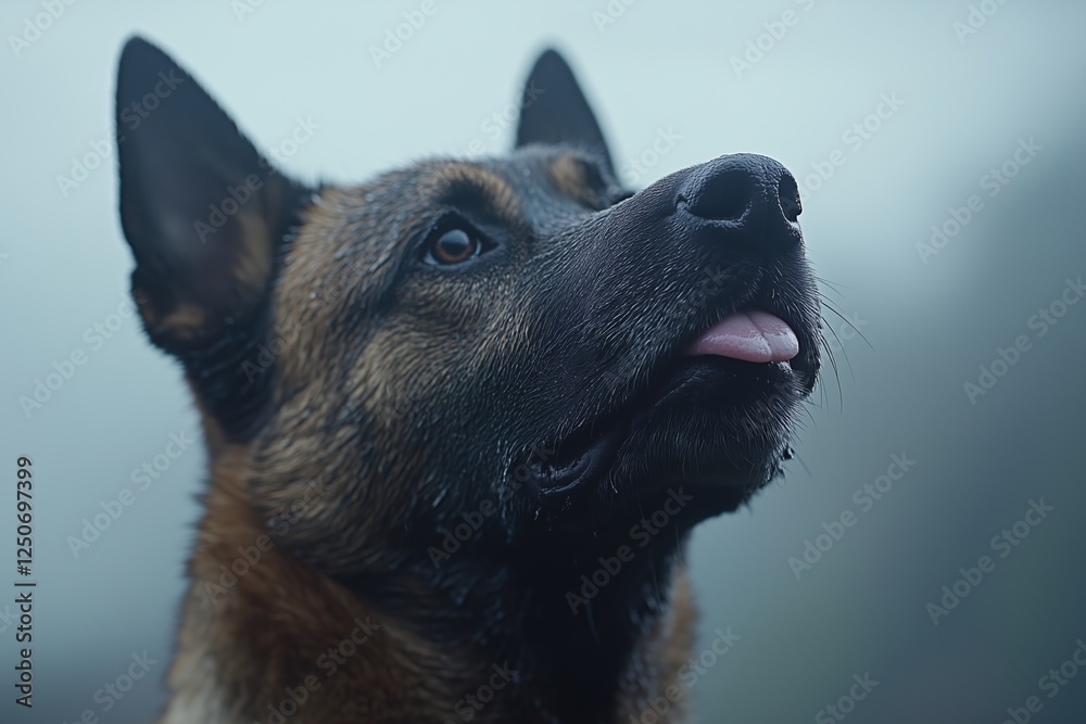 Close-up of a German shepherd’s face looking upward against a foggy blue background. Loyalty and focus concept. Close-up of a German shepherd’s face looking upward against a foggy blue background. Loyalty and focus concept.