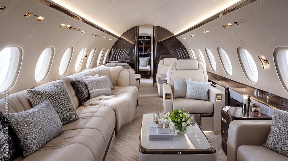 Fototapeta premium Interior of a luxurious private jet cabin with plush seating and elegant design creating a cozy atmosphere : Generative AI