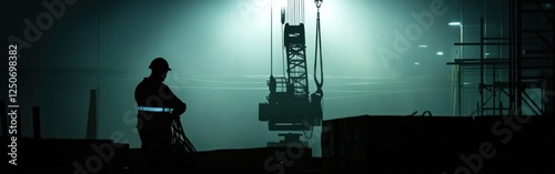 Construction worker at night, heavy equipment, foggy background. Possible use Stock photo for construction industry, safety posters photo