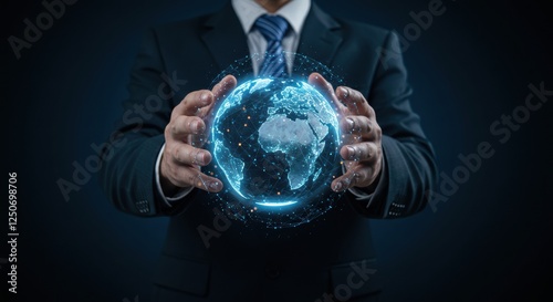 Photo of a businessman's hand holding a globe, as a symbol of the business world. photo