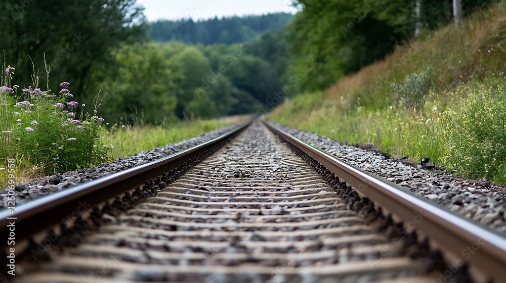 An inviting perspective of an empty railway track stretching through lush greenery : Generative AI An inviting perspective of an empty railway track stretching through lush greenery : Generative AI