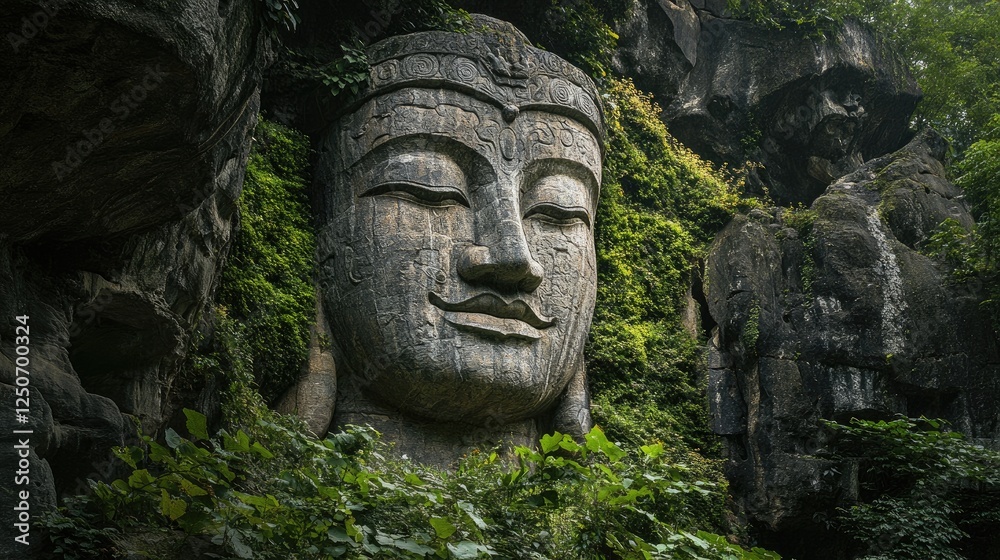 Majestic Stone Buddha Face Amidst Lush Greenery and Ancient Rocks Majestic Stone Buddha Face Amidst Lush Greenery and Ancient Rocks