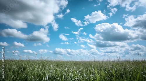 Vast open field under a bright blue sky filled with fluffy white clouds on a sunny day : Generative AI photo