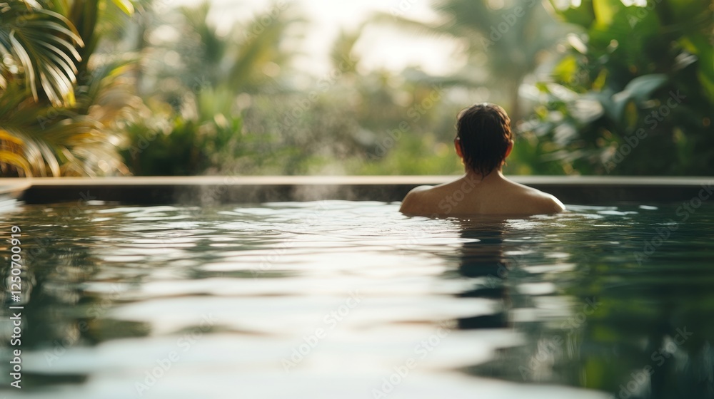 Tourist relaxing in steaming thermal bath, surrounded by verdant landscape, soft sunlight warming peaceful scene of natural wellness and rejuvenation