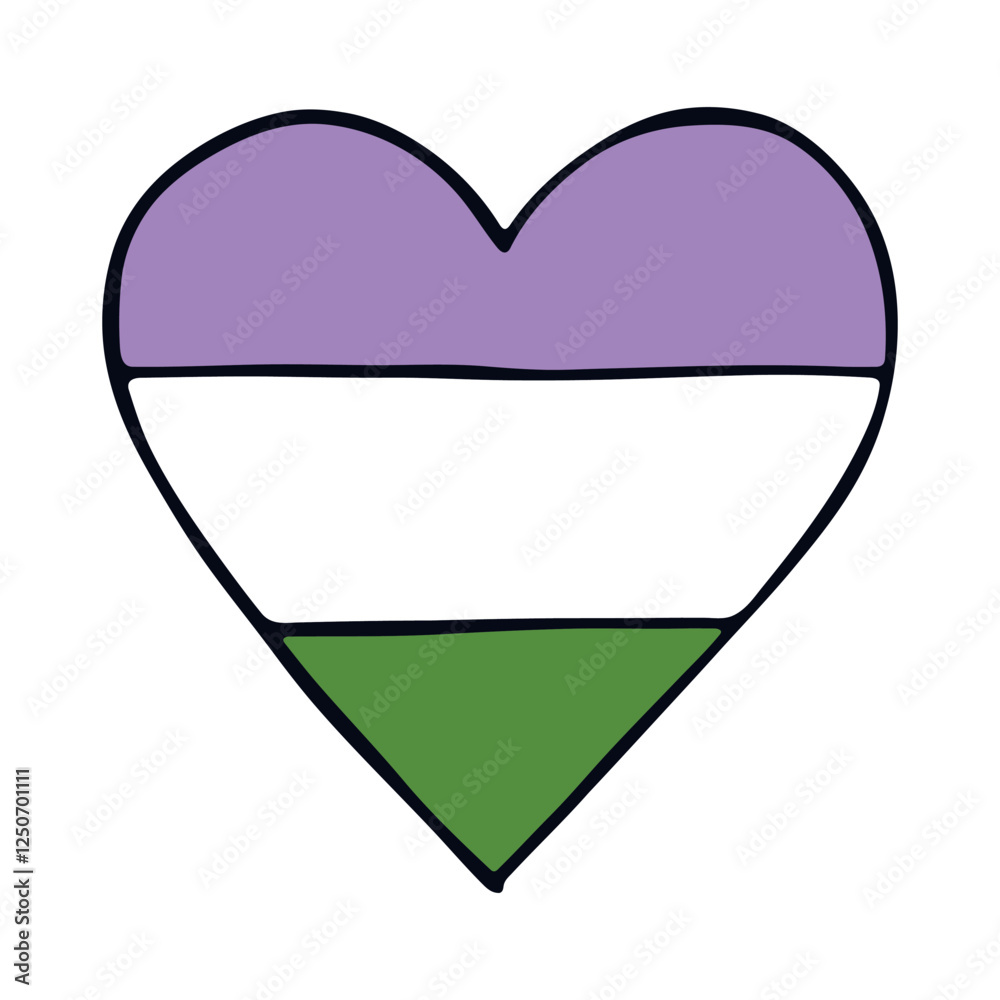 Colorful heart shape Genderqueer pride flag Happy pride day LGBTQ community Pride Month Vector hand drawn doodle for posters, stickers, logo, cards Colorful heart shape Genderqueer pride flag Happy pride day LGBTQ community Pride Month Vector hand drawn doodle for posters, stickers, logo, cards