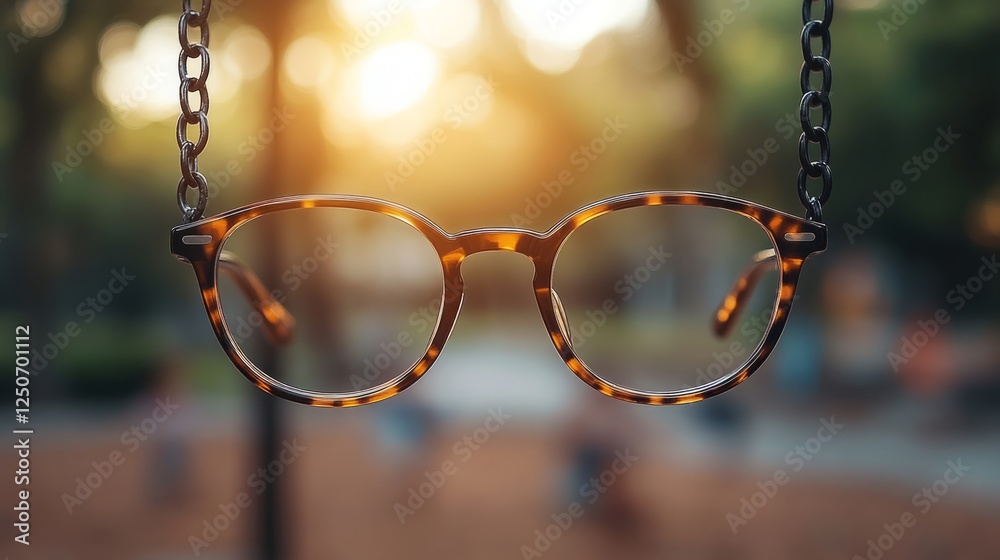 Tortoise shell eyeglasses dangling from black chain, blurred playground sunset creating nostalgic childhood memory landscape