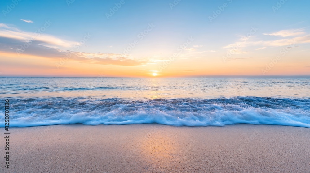 Fototapeta premium Calm Horizon at Sunset Over Gentle Waves on a Beautiful Beach Scene : Generative AI