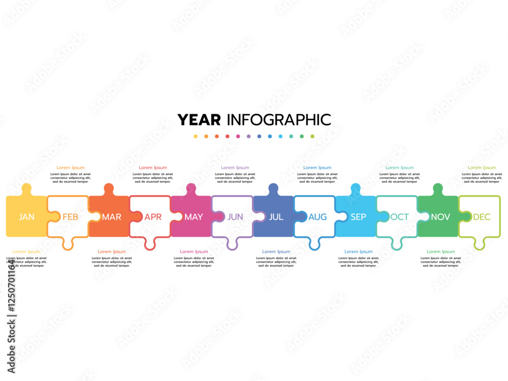 Fototapeta premium Infographic template for business. Concept with 12 pieces of a puzzle or 12 months, 4 quarter steps vector infographic.