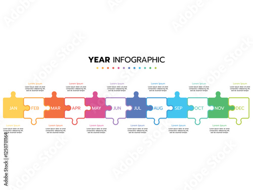 Infographic template for business. Concept with 12 pieces of a puzzle or 12 months, 4 quarter steps vector infographic.