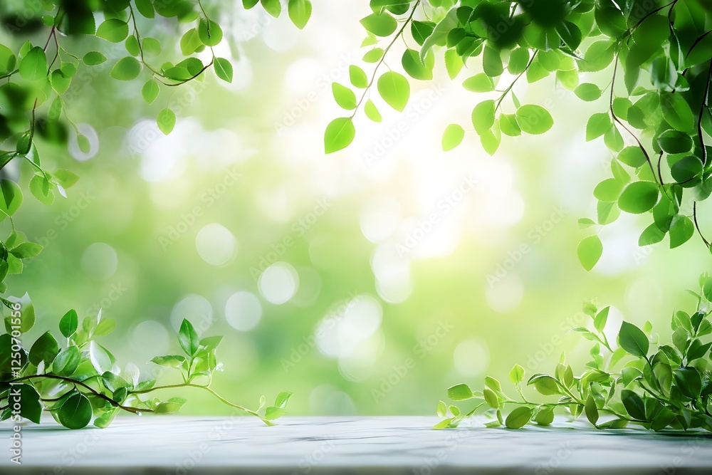 Spring leaves frame table, sunny bokeh background, product display Spring leaves frame table, sunny bokeh background, product display