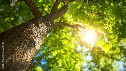 Majestic view of a tall tree with sunlight filtering through vibrant green leaves : Generative AI photo