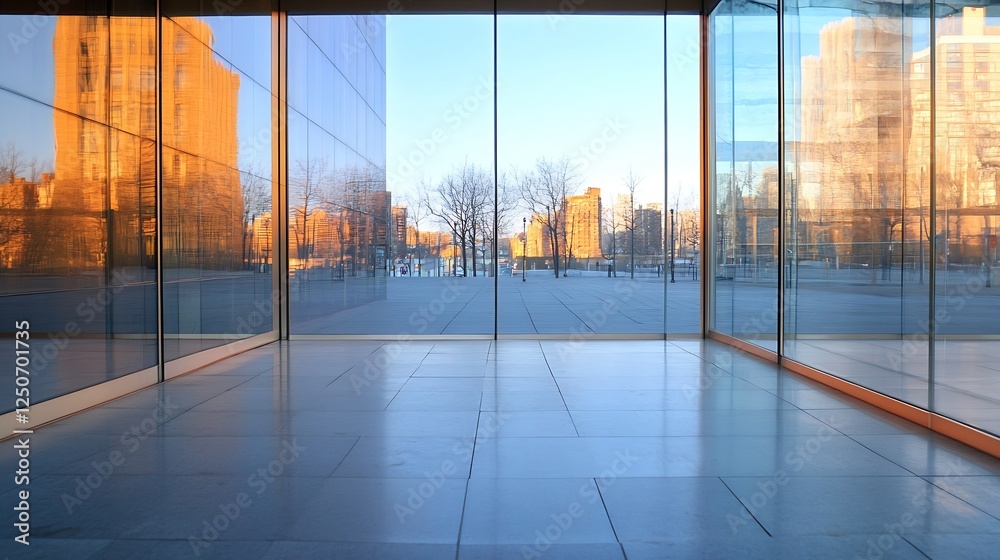 Fototapeta premium Contemporary Glass Building with Reflection of Cityscape in Golden Sunset Glow : Generative AI
