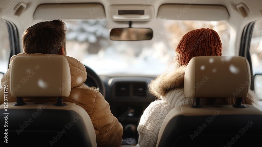 Rear view of a young couple sitting in a parked car, wearing warm winter clothes and looking out at a snowy landscape, enjoying a peaceful moment during their road trip