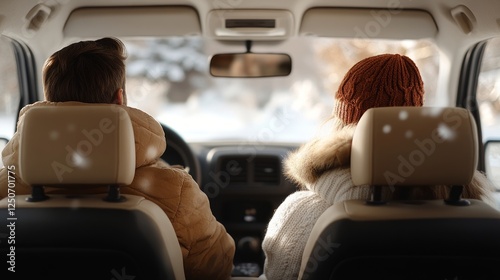 Obraz na płótnie Rear view of a young couple sitting in a parked car, wearing warm winter clothes and looking out at a snowy landscape, enjoying a peaceful moment during their road trip w salonie
