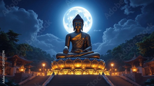 buddha statue on a golden lotus pedestal under the full moon with serene temple surroundings and glowing lanterns in a peaceful night atmosphere