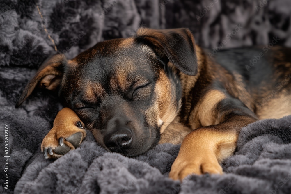 Small dog sleeping peacefully on a plush dark blanket. Concept of relaxation, comfort, and warmth. Small dog sleeping peacefully on a plush dark blanket. Concept of relaxation, comfort, and warmth.