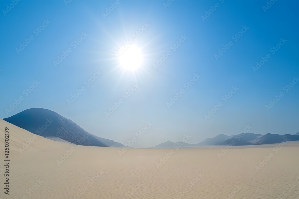 Desert sun shines on dunes, mountains hazy; travel brochure Desert sun shines on dunes, mountains hazy; travel brochure