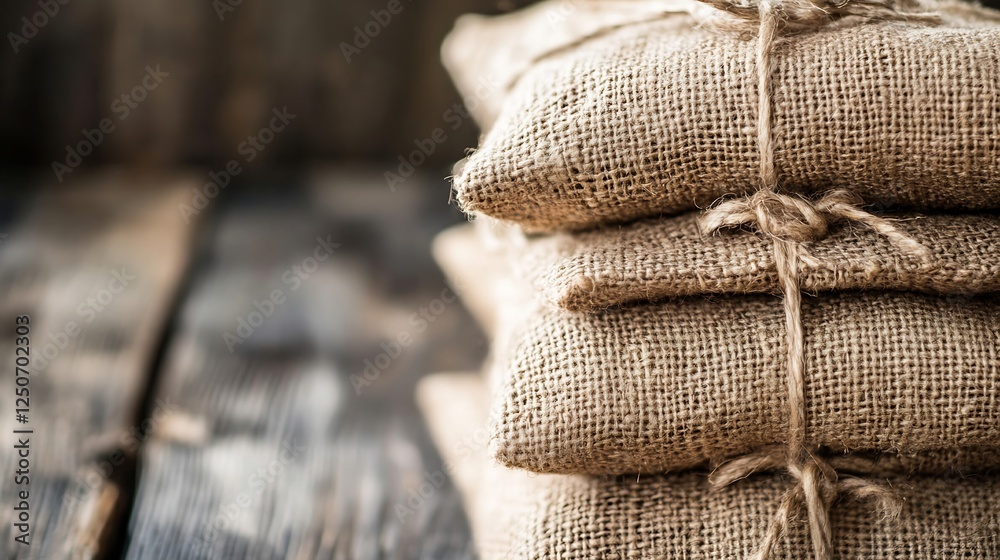 Stacked burlap sacks tied with string on a rustic wooden surface evoking a natural feel : Generative AI Stacked burlap sacks tied with string on a rustic wooden surface evoking a natural feel : Generative AI