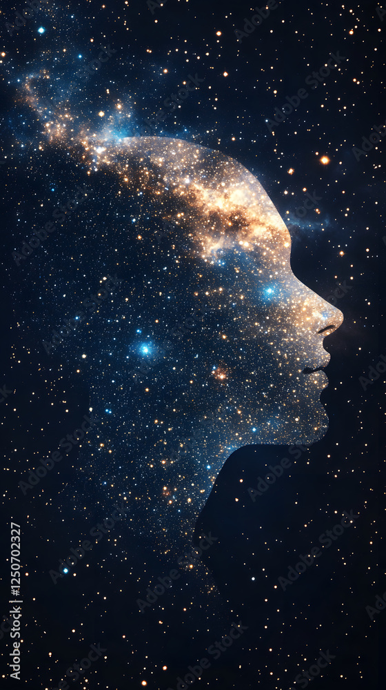 A human face mapped as galaxy constellations, creating a cosmic and surreal visual effect, blending the universe with the human form.
A human face mapped as galaxy constellations, creating a cosmic and surreal visual effect, blending the universe with the human form.
