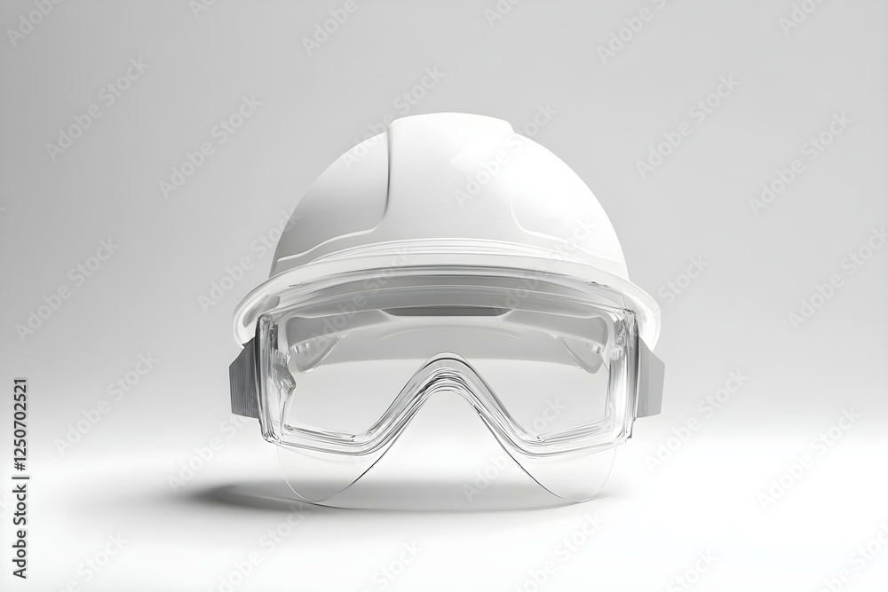 A white hard hat with clear safety goggles placed in front of it, typically used in construction or industrial settings. Concept Construction Safety Gear, Hard Hat Usage A white hard hat with clear safety goggles placed in front of it, typically used in construction or industrial settings. Concept Construction Safety Gear, Hard Hat Usage