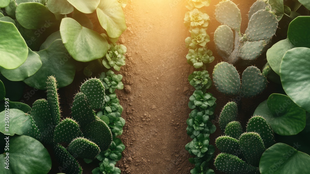 Gentle sunlight bathing narrow pathway meandering through verdant garden of thriving cacti and succulent plants, revealing serene desert landscape composition