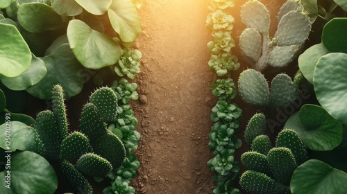 Obraz na płótnie Gentle sunlight bathing narrow pathway meandering through verdant garden of thriving cacti and succulent plants, revealing serene desert landscape composition w salonie