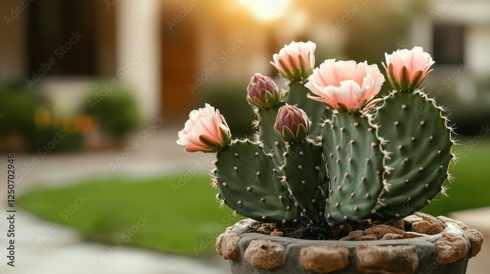 Pink blossoms flowering on spiny prickly pear cactus, nestled in ceramic planter with soft residential landscape fading behind, bathed in golden sunset glow
