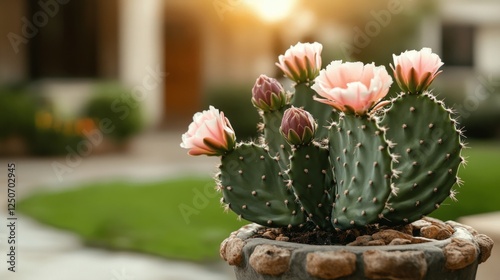 Obraz na płótnie Pink blossoms flowering on spiny prickly pear cactus, nestled in ceramic planter with soft residential landscape fading behind, bathed in golden sunset glow w salonie