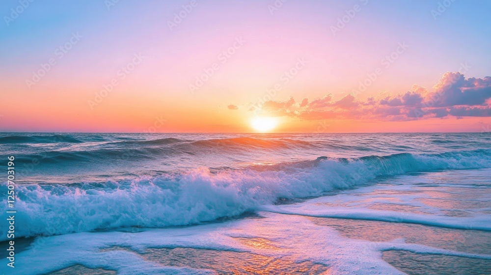 Serene Sunset Over Vibrant Ocean Waves at Tranquil Beach Shoreline Serene Sunset Over Vibrant Ocean Waves at Tranquil Beach Shoreline