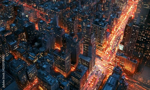 Aerial View of a Bustling Cityscape at Night Glowing Brightly