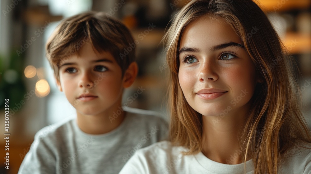 Young siblings sharing quiet moment, brother and sister standing close, expressing deep emotional bond through gentle, reflective expressions
