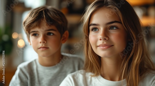 Obraz na płótnie Young siblings sharing quiet moment, brother and sister standing close, expressing deep emotional bond through gentle, reflective expressions w salonie