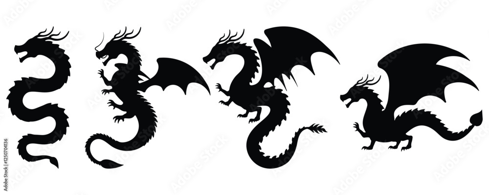 Dragon shadow. Animal silhouettes on white background. Zodiac animal for design, card, sticker, calendar, website, Application. Vector illustration. Dragon shadow. Animal silhouettes on white background. Zodiac animal for design, card, sticker, calendar, website, Application. Vector illustration.