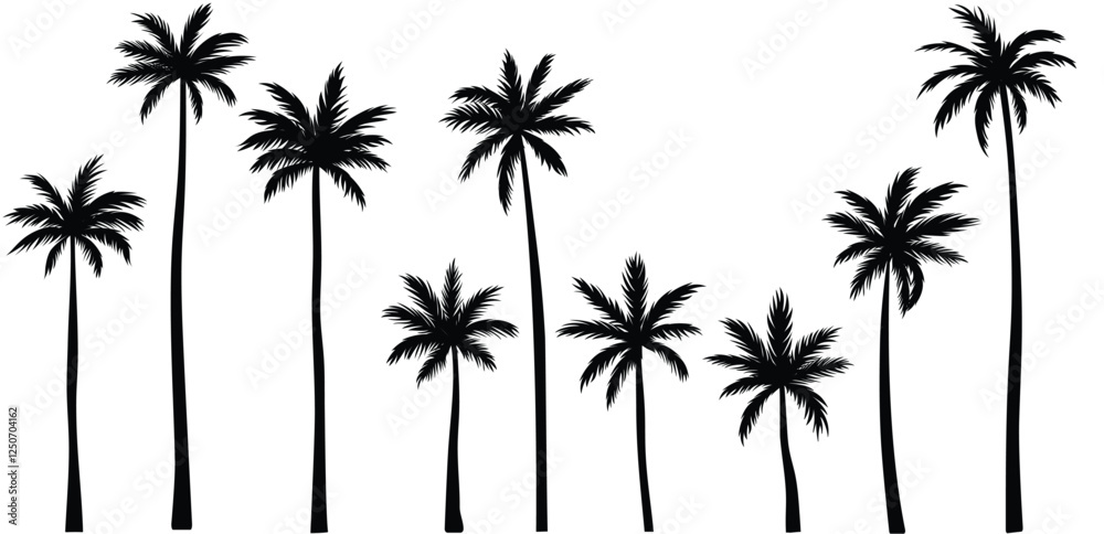 Obraz premium Black palm tree set vector illustration isolated on white background silhouette art black white stock illustration logo icon png. tropical, beach, landscape, pattern, paradise, coconut background